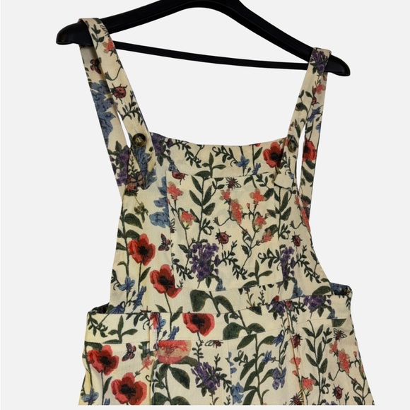 Lightweight Corduroy Floral Wide Leg Jumpsuit Bib Overalls Ivory XL Boho - Picture 2 of 6